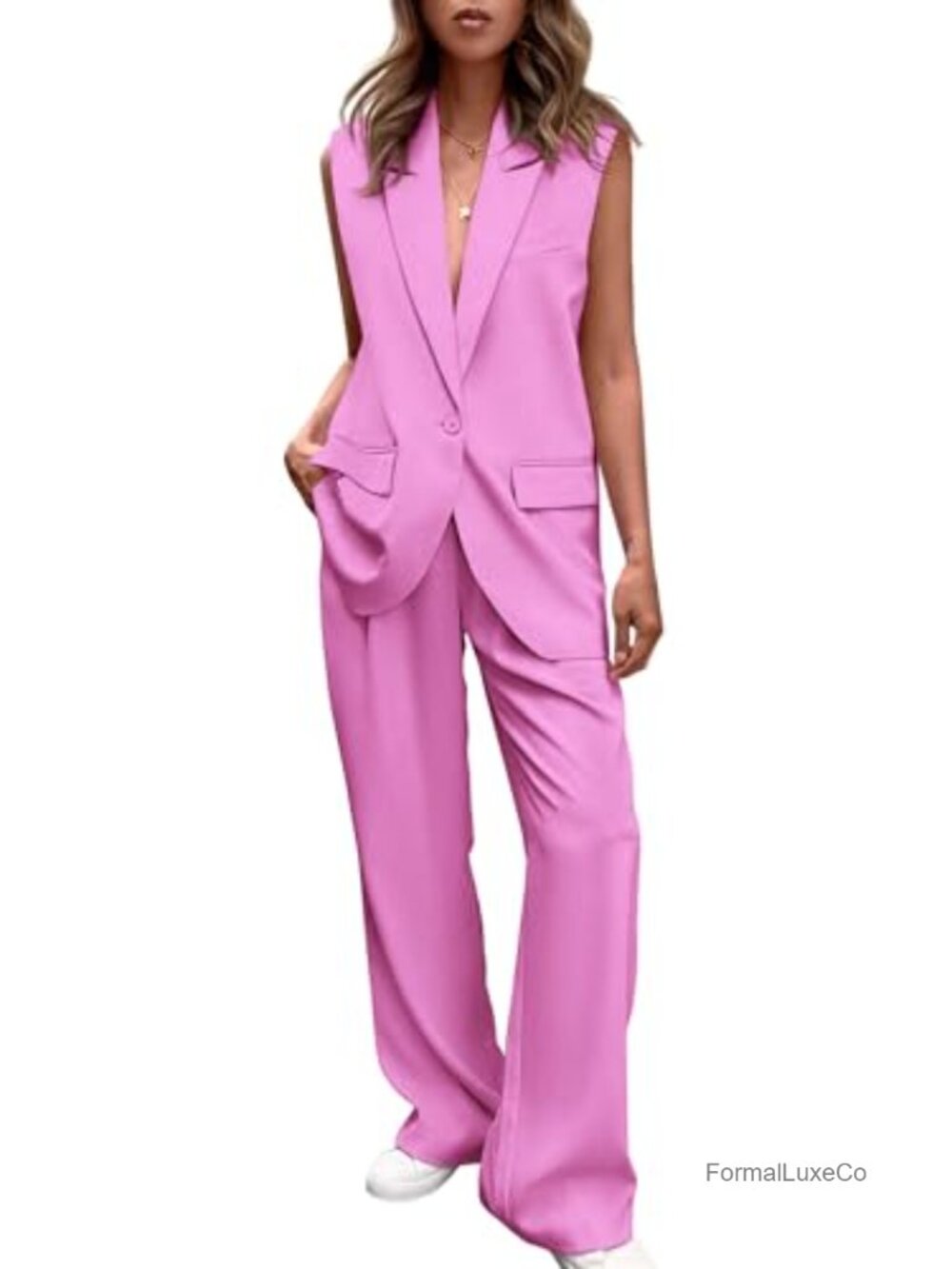 Women's 2 Piece Blazer Set Sleeveless Vest Wide Leg Palazzo Pants Business